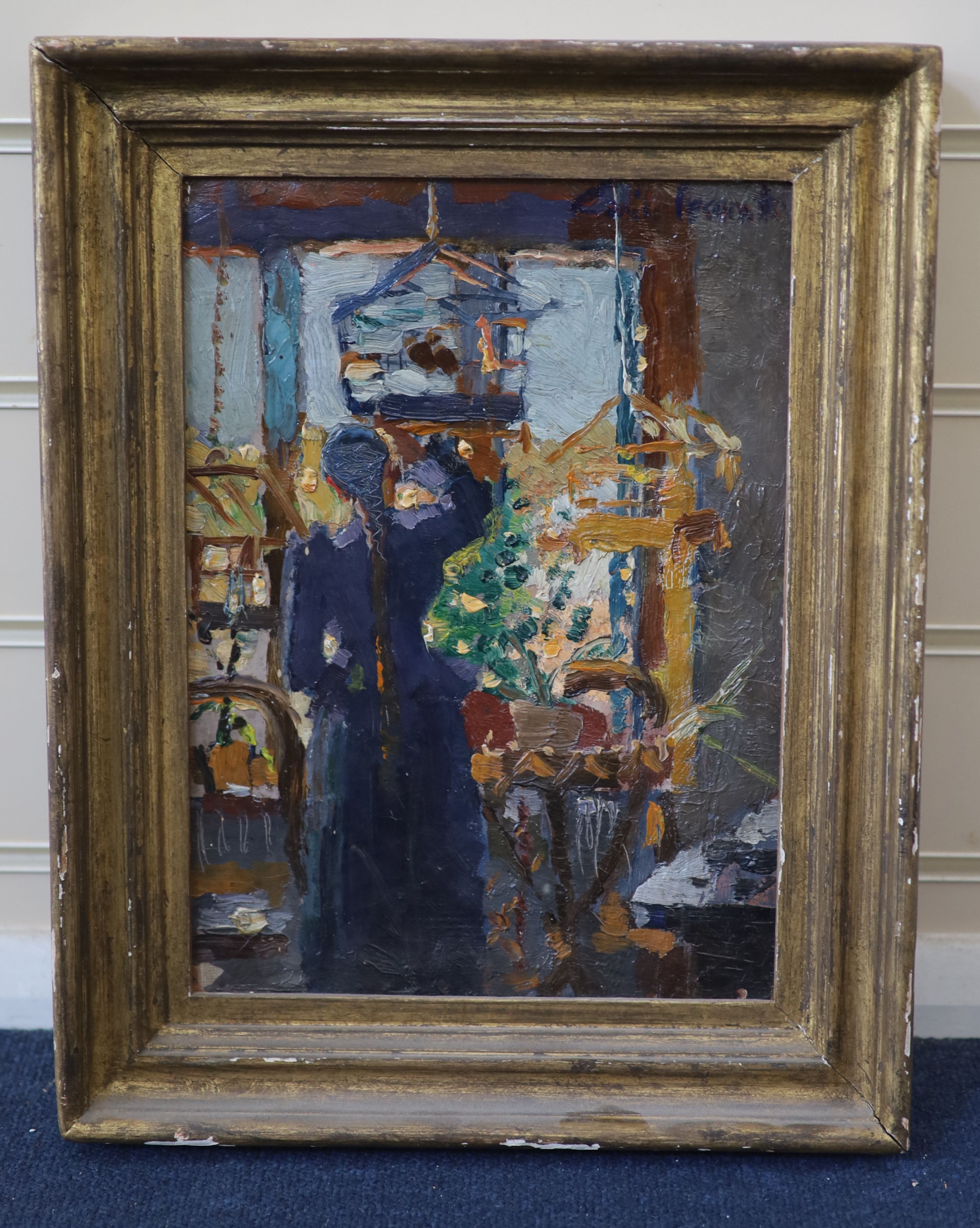 Émile Lecomte (French, 1866-1938), Interior with Chinese woman and birdcages, Oil on canvas, 32 x 23cm.